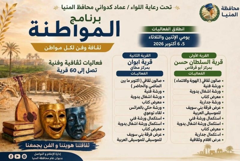 «ثقافة وفن لكل مواطن».. فعاليات برنامج «المواطنة» تصل اليوم وغدًا إلى السلطان حسن وأبوان في المنيا