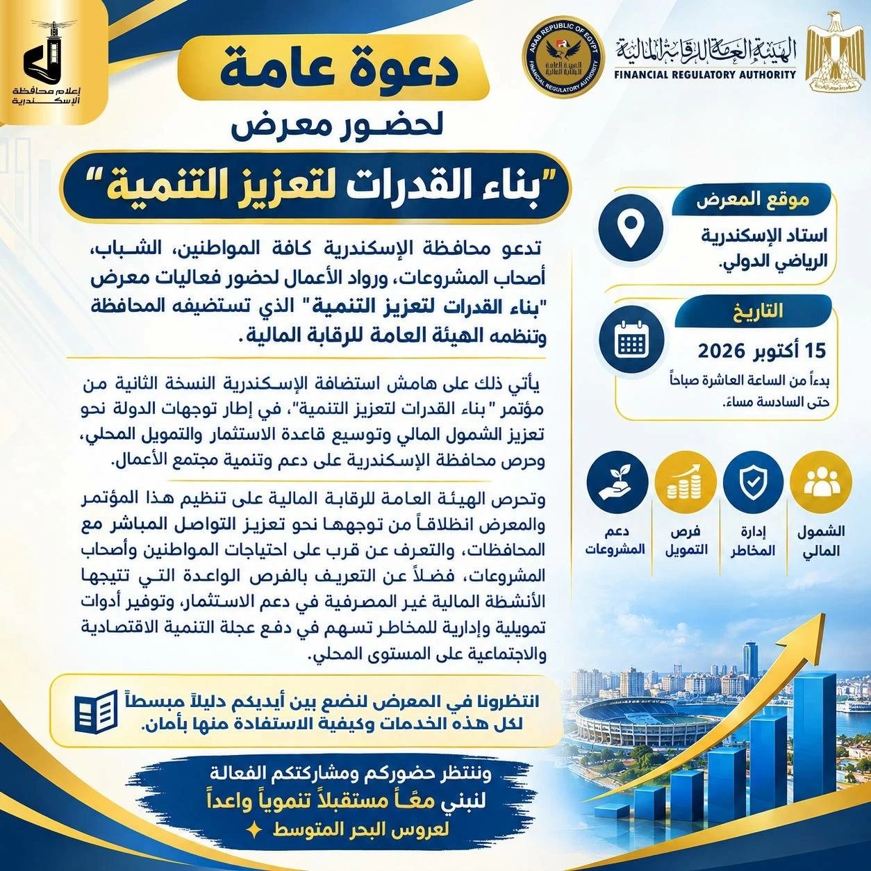 «الخميس 15 أكتوبر».. معرض «بناء القدرات لتعزيز التنمية» بالإسكندرية بوصلتك للتمويل الذكي والشمول المالي